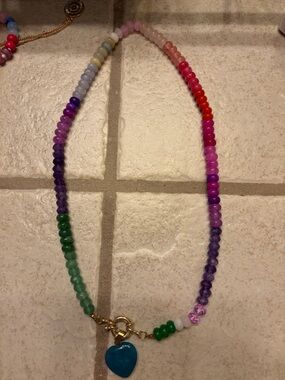 Multicolor Beaded Heart Pendant Necklace - Blue/Turquoise Heart Charm